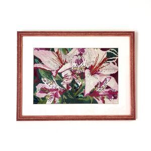 VTG Handmade Art Cross Stitch Embroidery Flower Lillies Custom Framed 18" X 14"
